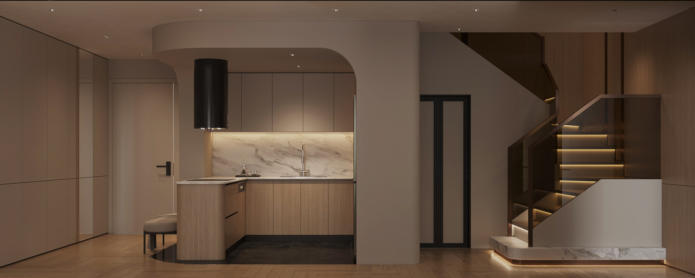 alt="Phòng khách và bàn ăn phong cách thiết kế nội thất Contemporary tại Duplex TNR Gold Season Nguyễn Tuân với gam màu trung tính và bố cục mở"