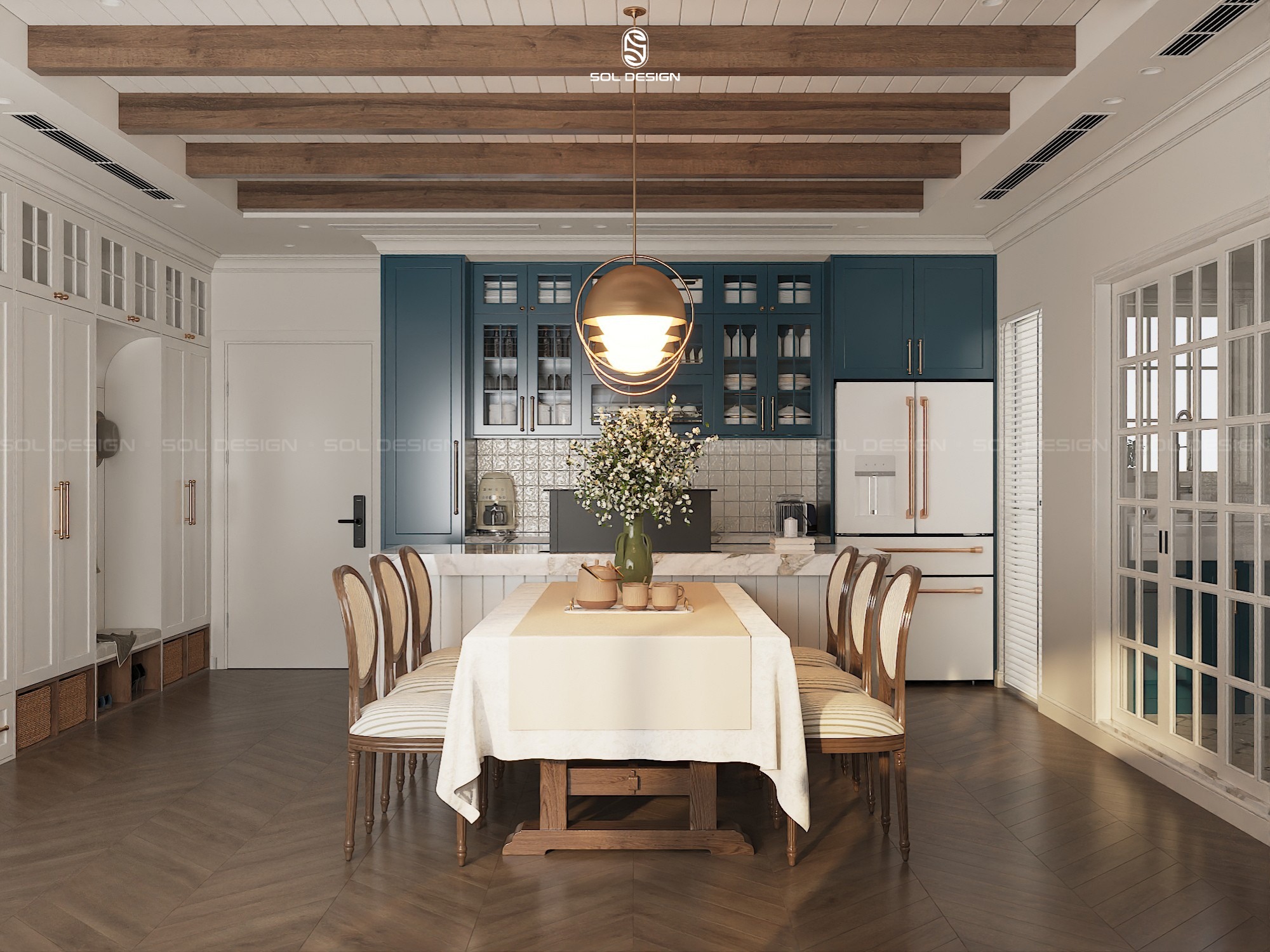 không gian nội thất bếp farmhouse hiện đại