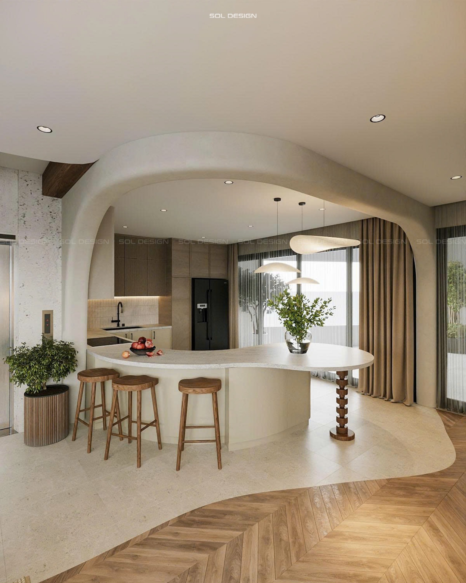 nội thất bếp farmhouse kết hợp scandinavian tông trắng và gỗ sáng