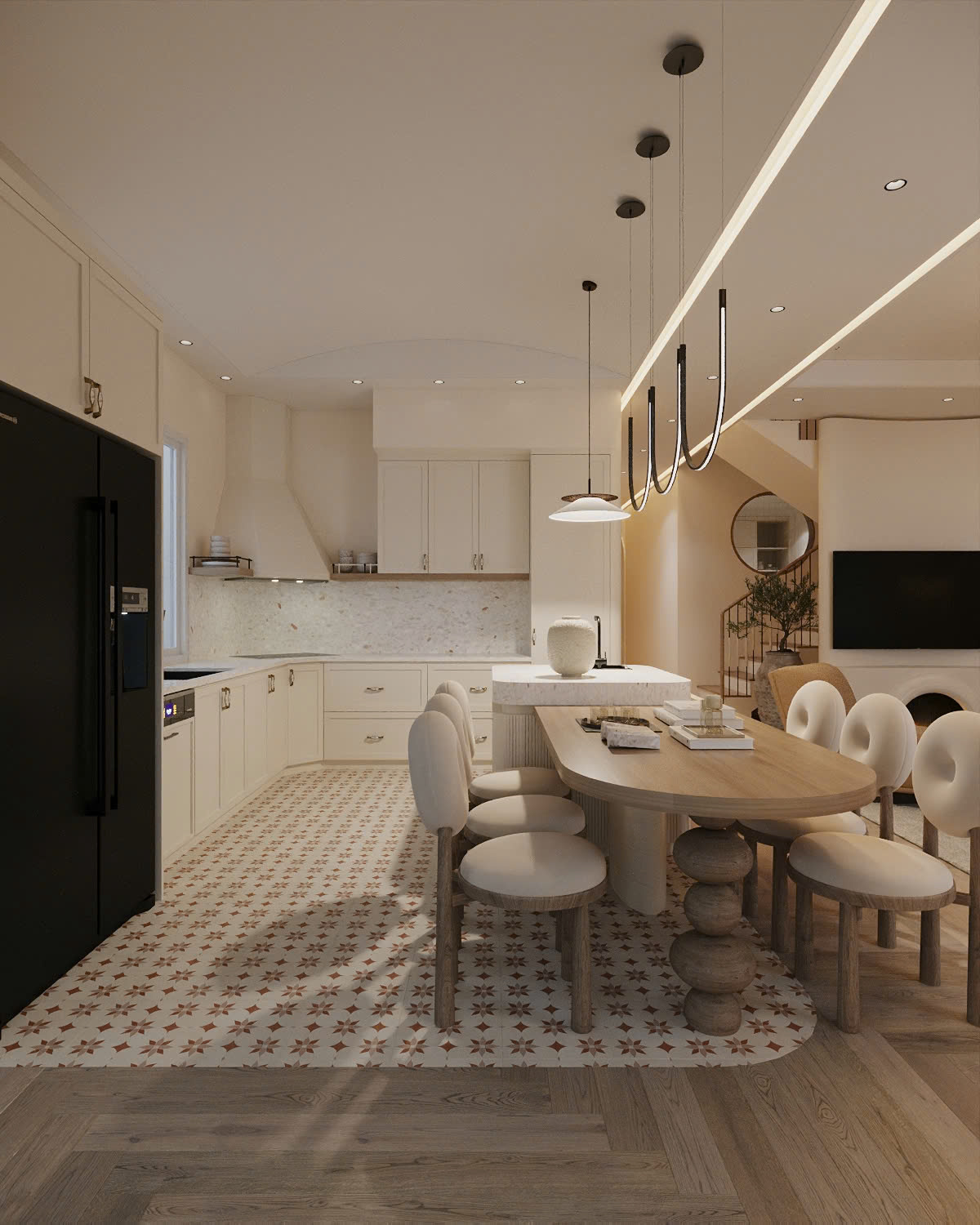 không gian bếp farmhouse kết nối bàn ăn trong nhà phố