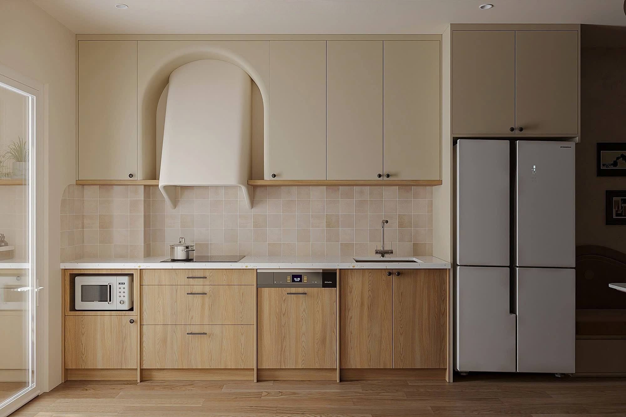 Không gian bếp và bàn ăn sử dụng nội thất sàn gỗ An Cường trong thiết kế Sol Design