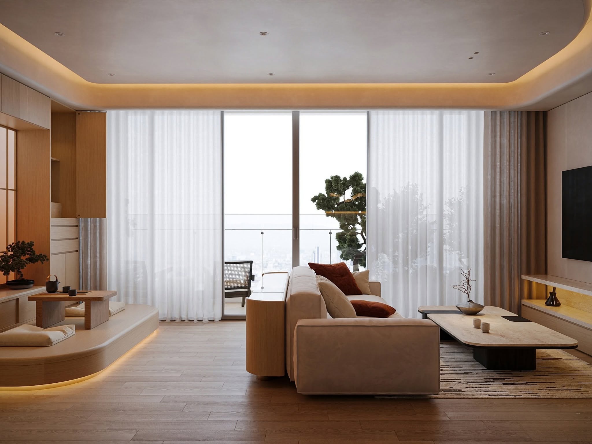 Dự án Sol Design sử dụng sàn gỗ trong phòng khách hiện đại với tone màu ấm