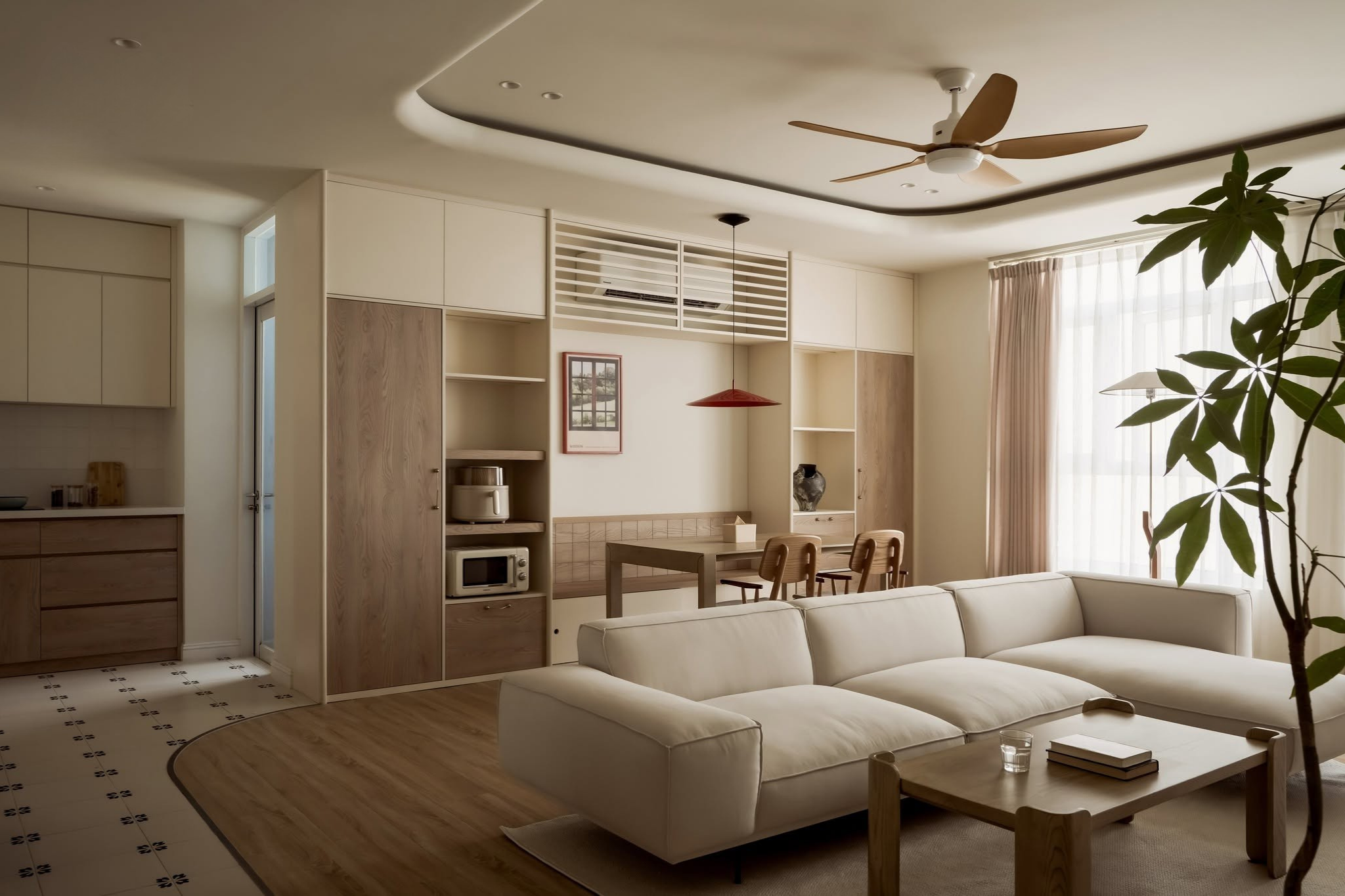 Thiết kế nội thất Japandi cho căn hộ nhỏ với bảng màu trung tính và ánh sáng tự nhiên